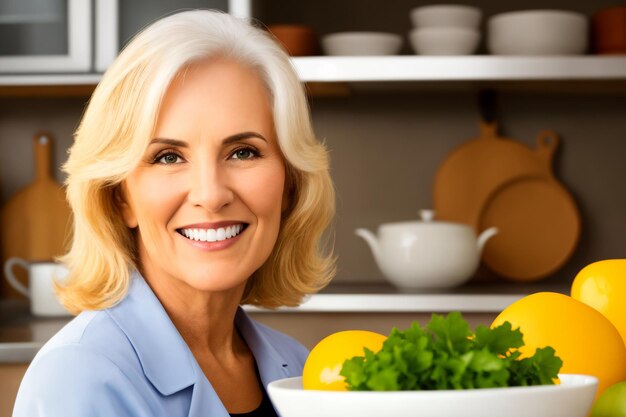 Linda mulher madura sênior preparando comida saudável e deliciosa na cozinha