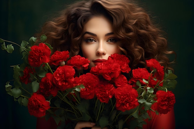 Foto linda mulher morena com cabelos longos e encaracolados segurando um grande e lindo buquê de flores vermelhas close-up em suas mãos data dia dos namorados ou outro conceito de feriado ou evento