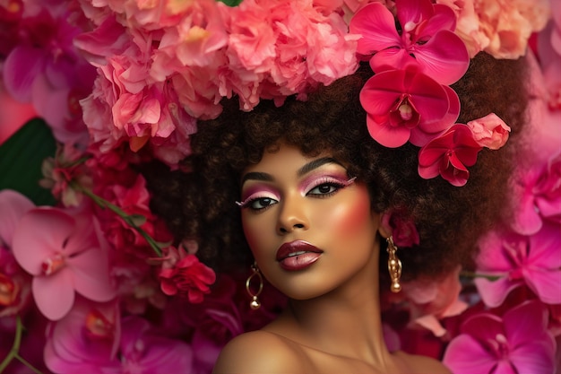 Linda mulher morena com o cabelo em flores cor de rosa