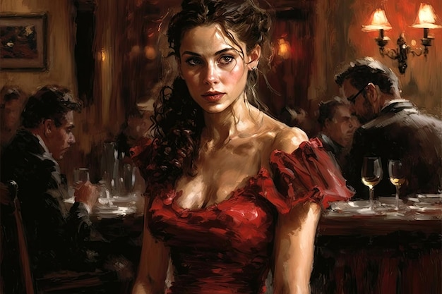 Linda mulher morena de vestido vermelho no restaurante à noite Pintura a óleo Generative