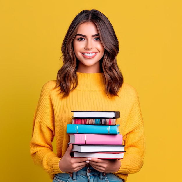 linda mulher morena vestindo roupas casuais e sorrindo para a câmera segurando livros