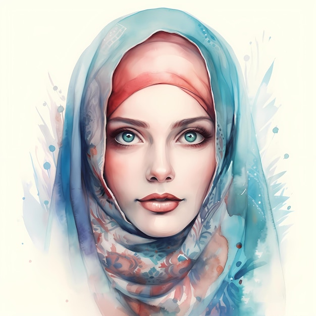 Linda mulher muçulmana árabe com hijab retrato em aquarela Clipart