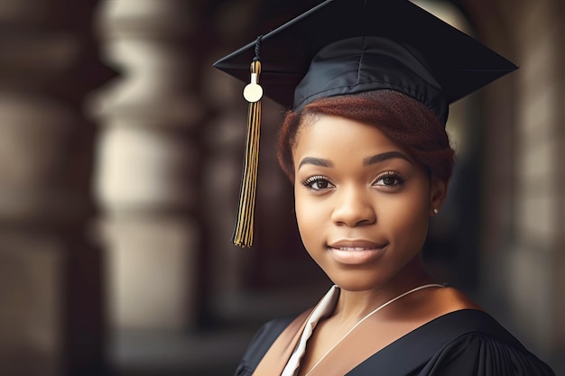 Linda mulher negra americana usando um boné de formatura Estude o conceito de pós-graduação em educação universitária Ilustração generativa de IA
