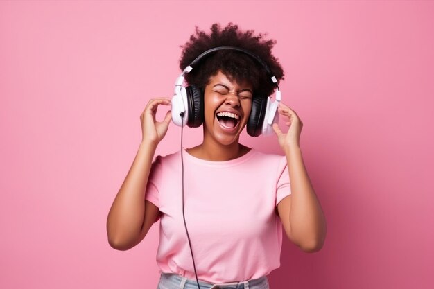 Linda mulher negra com cabelo afro e fones de ouvido rindo e ouvindo música olhando para a câmera em fundo rosa generativo ai