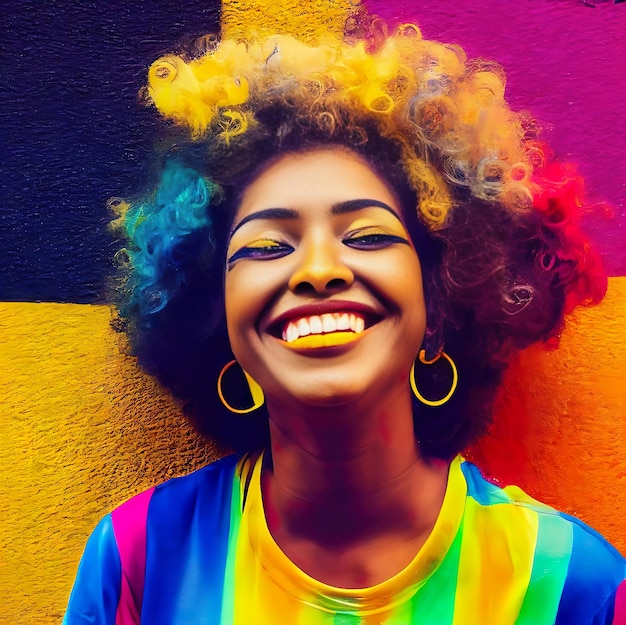 Linda mulher negra com cabelo multicolorido exibindo um grande sorriso