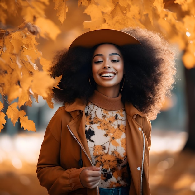 Linda mulher negra sorridente andando no parque com folhas de outono na moda