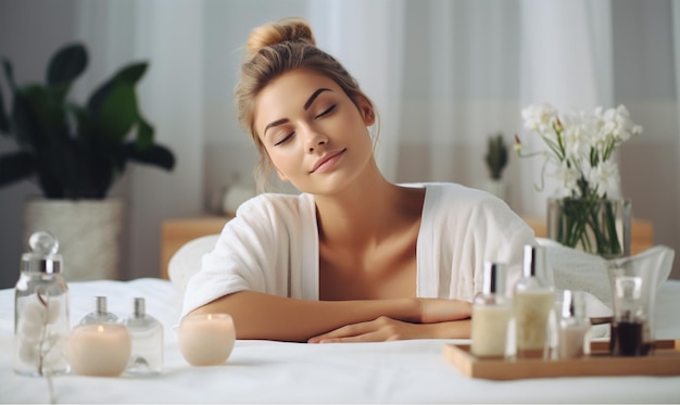 Linda mulher relaxando em um salão de spa Produtos de spa na mesa Sala de spa de luxo