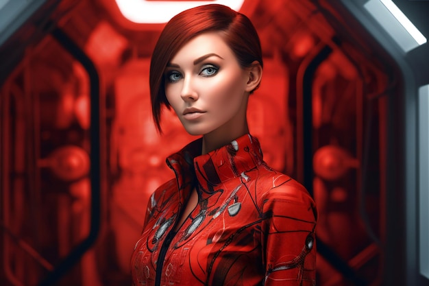 Linda mulher ruiva em traje espacial futurista Conceito Scifi