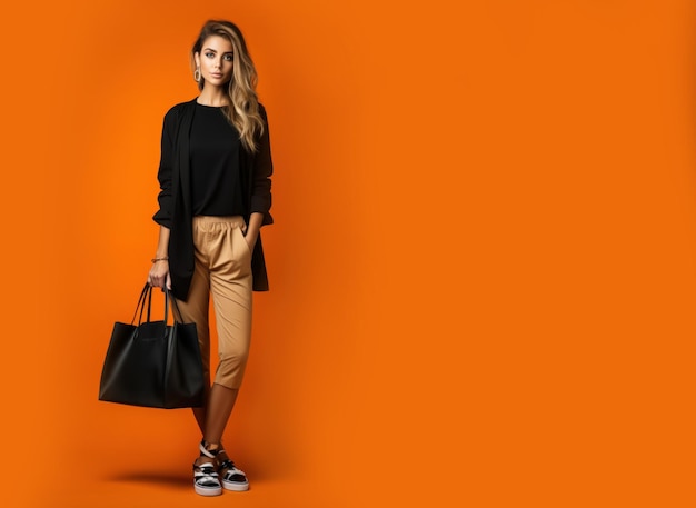 Foto linda mulher segurando a sacola de compras isolada na frente do fundo laranja copyspace