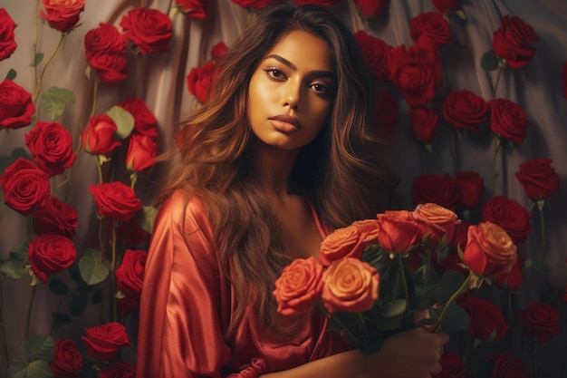 Linda mulher segurando um buquê de rosas vermelhas