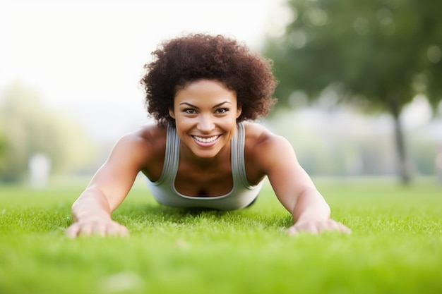 Linda mulher sorridente de raça mista fazendo flexões enquanto se exercita ao ar livre na grama