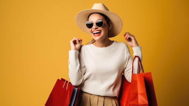 Linda mulher sorridente e atraente segurando sacolas de compras posando em fundo amarelo