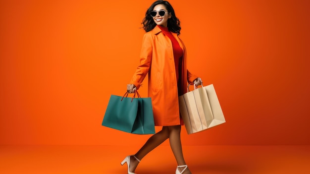 Linda mulher sorridente e atraente segurando sacolas de compras posando em fundo laranja
