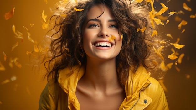 Linda mulher sorridente em roupas amarelas sobre fundo amarelo Conceito de estilo de vida bom humor