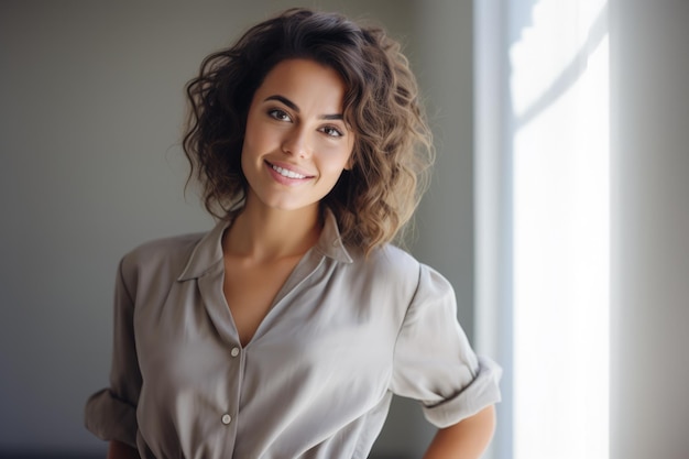 Linda mulher sorrindo em uma cena interna