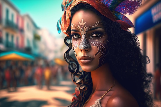 Linda mulher usando uma máscara colorida de fantasia de carnaval em uma cidade desfocada generativa ai