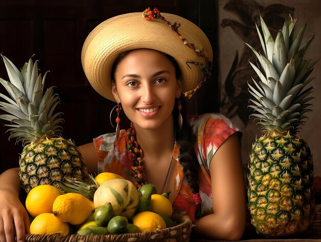 Linda mulher vendedora de frutas mulher latina