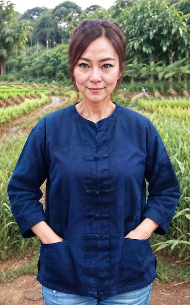 Linda mulher vestindo camisa tradicional tailandesa azul com mangas curtas Morhom generative AI