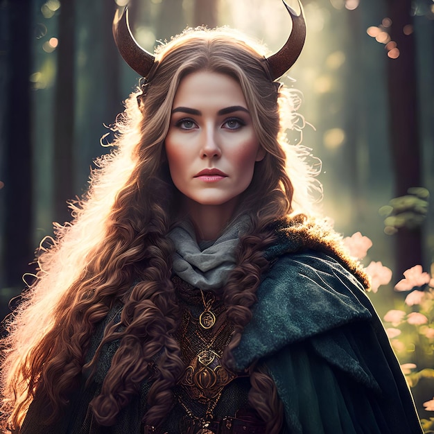 Linda mulher viking guerreira na arte generativa da floresta por IA
