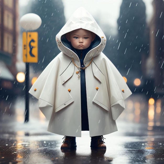 Linda muñeca con paraguas y chaqueta bajo la lluvia ilustración fotográfica cinematográfica con fondo desenfocado