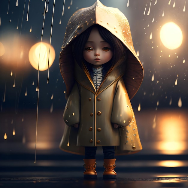 Linda muñeca con paraguas y chaqueta bajo la lluvia ilustración fotográfica cinematográfica con fondo desenfocado