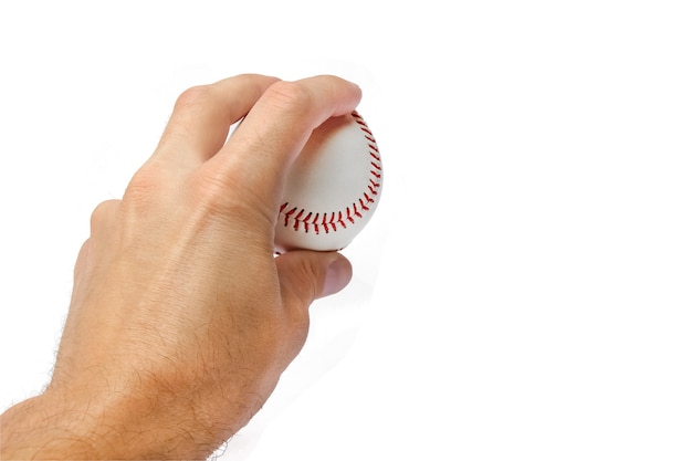 Foto linda nas mãos de uma bola de beisebol em uma parede branca