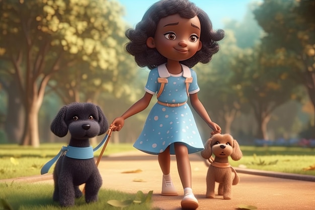 Linda niña afroamericana caminando con su perrito en el parque 3d generado