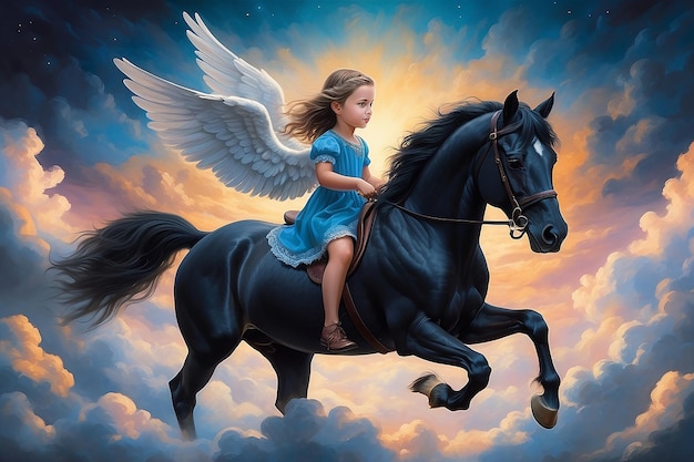 Foto una linda niña ángel montando un caballo negro en el cielo imagen centrada esponjosa en el arco iris en el fondo de nubes
