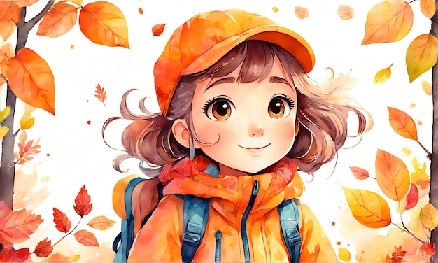 Linda niña anime en traje de otoño