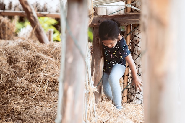 Linda niña asiática niño divirtiéndose para jugar con la pila de heno en la granja con felicidad