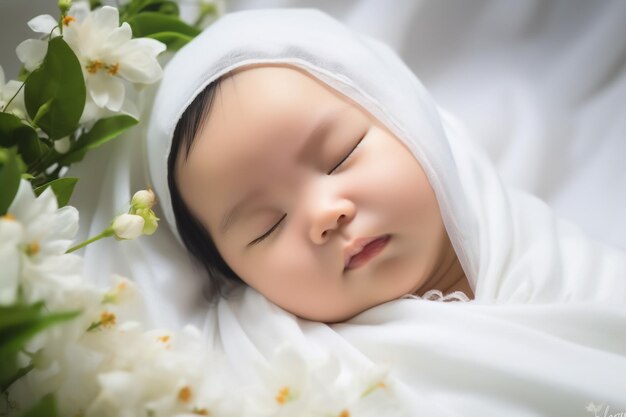 Una linda niña asiática recién nacida durmiendo en un paño peludo con rosas en la cabeza.