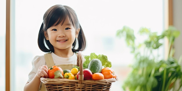 Una linda niña asiática sosteniendo una canasta de verduras se prepara para cocinar con sus padres