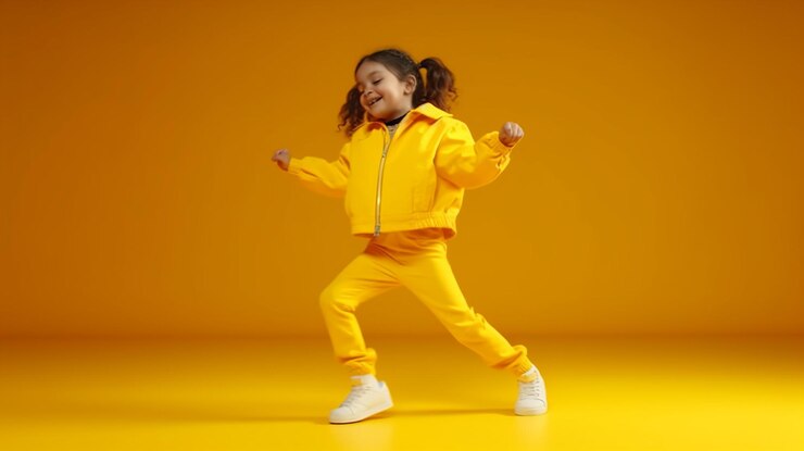 linda niña bailando sobre un fondo amarillo hecha por IA generativa