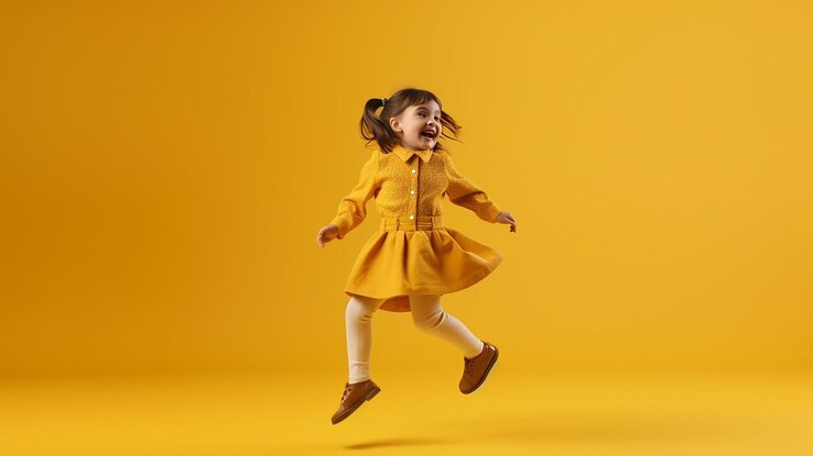 linda niña bailando sobre un fondo amarillo hecha por IA generativa
