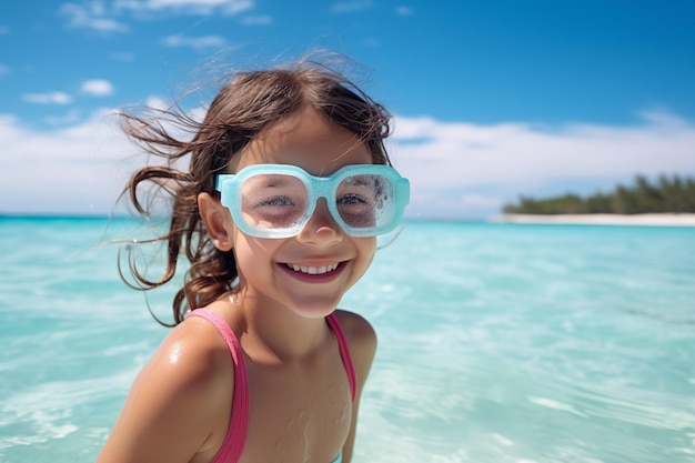 Linda niña caucásica al aire libre con gafas de buceo