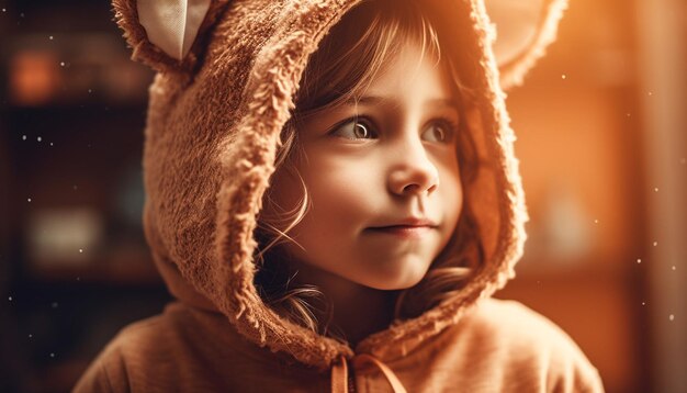 Linda niña caucásica sonriendo con ropa abrigada de invierno generada por IA