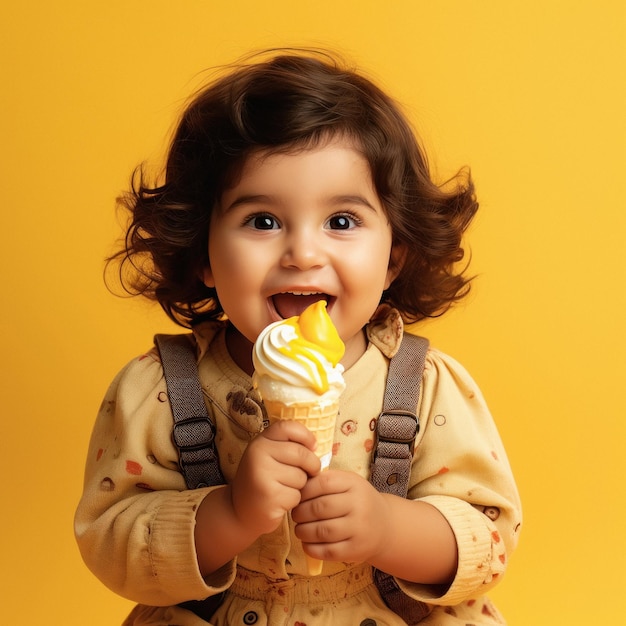 Linda niña comiendo helado sobre fondo amarillo