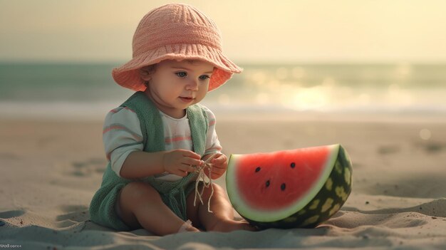 Foto linda niña comiendo sandía en la playa ia generativa