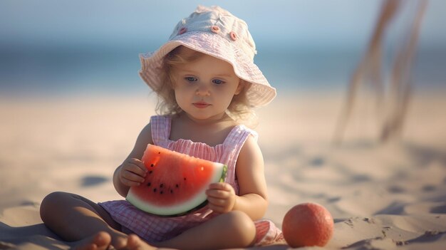 Foto linda niña comiendo sandía en la playa ia generativa