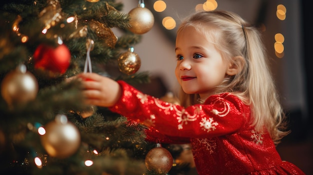 Linda niña decorando el árbol de Navidad en casa Infancia feliz