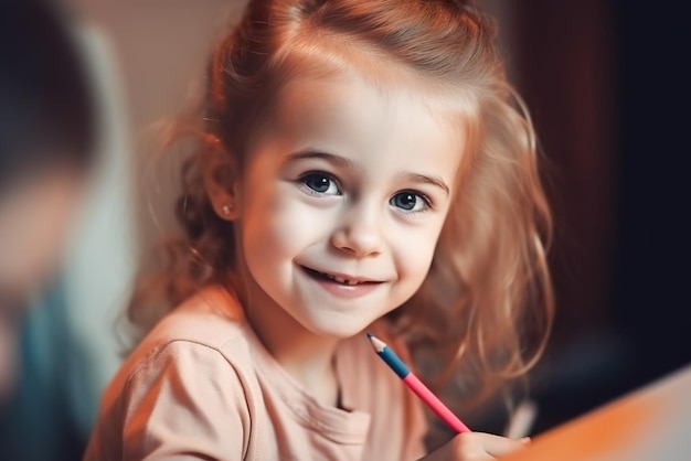 Linda niña dibujando con lápices mientras está sentada en la mesa en el aula IA generativa