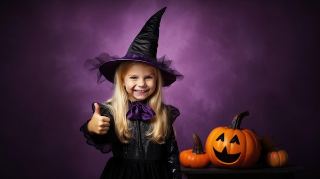 Linda niña en disfraz de halloween con calabaza sobre fondo morado IA generativa