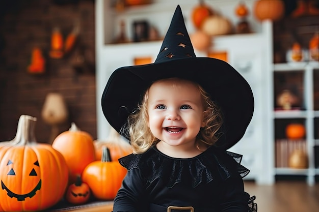 linda niña disfrazada de bruja de halloween con decoración de calabaza en casa