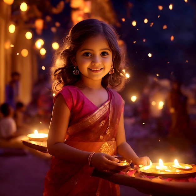 Una linda niña disfrutando del festival Diwali en sari de la religión hindú ai generativo