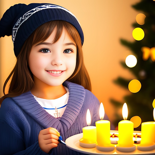 Una linda niña disfrutando del festival de Hanukkah de la religión cristiana ai generativo