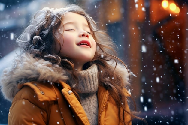 Una linda niña está parada en la calle con los ojos cerrados.