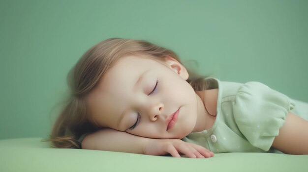 La linda niña de Europa yace en el suelo durmiendo con los ojos cerrados en un fondo de color verde claro