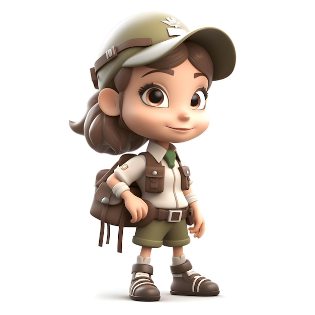 Linda niña exploradora con mochila y sombrero renderizado 3d