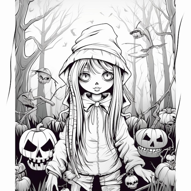 Linda niña feliz halloween libro para colorear para adultos páginas Arte generado por IA