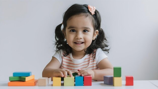 Una linda niña india asiática jugando con juguetes de bloques coloridos sobre un fondo blanco